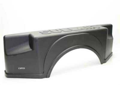Image of a black plastic fender for 15-inch Sullair air compressor wheels with branding on the top of the tire well.