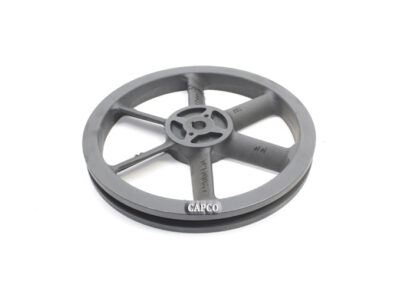 Image of a silver 6-spoke MACH TS5 Ingersoll Rand belt wheel lying flat on its side.