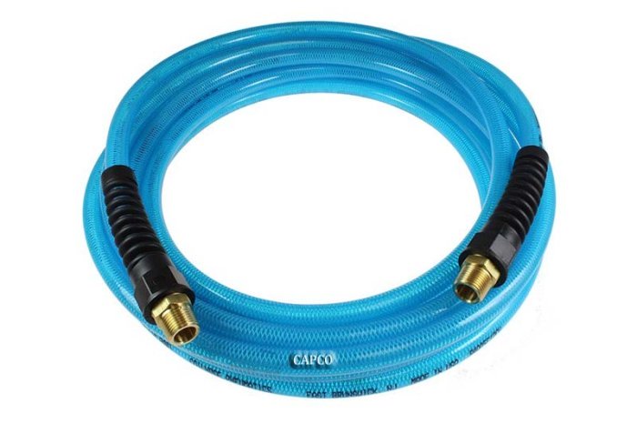 PFE41004T Flexeel Hose, 1/4" x 100', 1/4" MPT Reusable Strain Relief Fittings, Transparent Blue - Image 1
