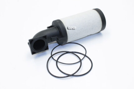 Image of a replacement Ingersoll Rand OEM 88343124 filter element laying flat next to 3 O-rings.|88343124 Ingersoll Rand (OEM)  ELEMENT