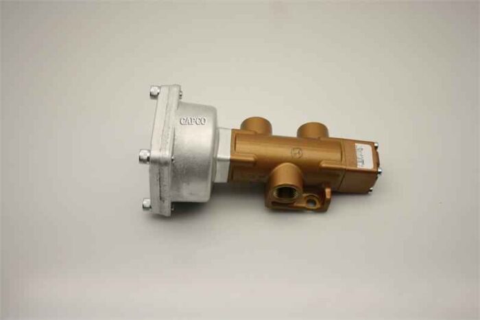 Image of a silver and bronze-colored valve for Gardner Denver air compressors lying horizontally on its side.|90AR51 Replacement Gardner Denver Valve|90AR51 Replacement Gardner Denver Valve