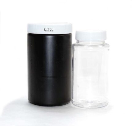 CAPCO oil analysis kit featuring a black plastic bottle and a smaller clear bottle standing next to each other.