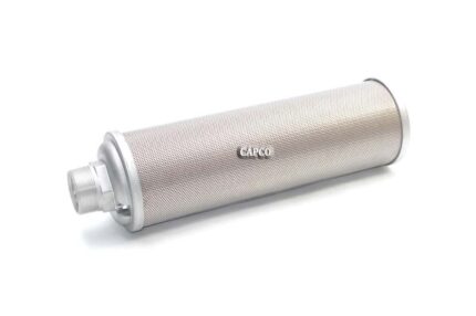Image of a steel and mesh replacement high-pressure muffler for Atlas Copco air compressors.