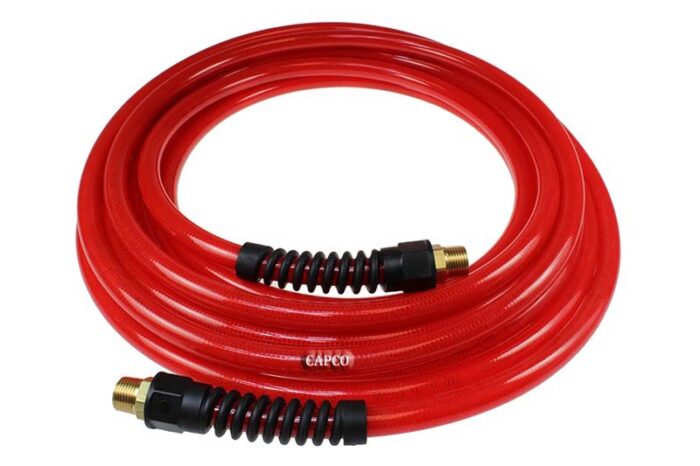 PFE41004TR Flexeel Hose, 1/4" x 100', 1/4" MPT Reusable Strain Relief Fittings, Transparent Red - Image 1