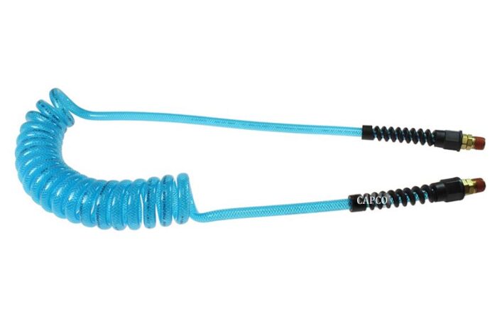 PUE14-25B-T Flexeel Coil, 1/4" x 25', 1/4" NPT Swivel Strain Relief Fittings, Transparent Blue - Image 1
