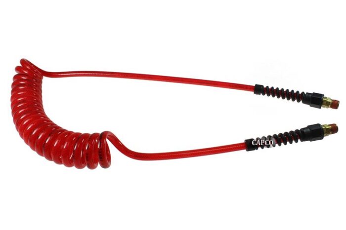 PUE38-25B-TR Flexeel Coil, 3/8" x 25', 3/8" NPT Swivel Strain Relief Fittings, Transparent Red - Image 1